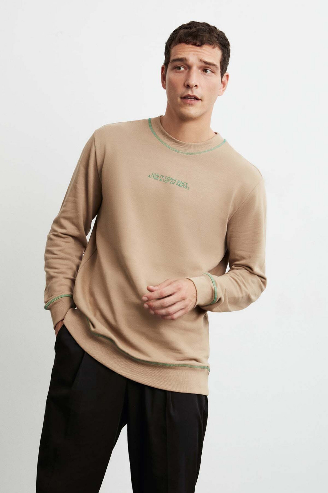 GRIMELANGE Albert Men's Round Neck Polar-Free Printed and Contrast Stitched Beige Sweatshir