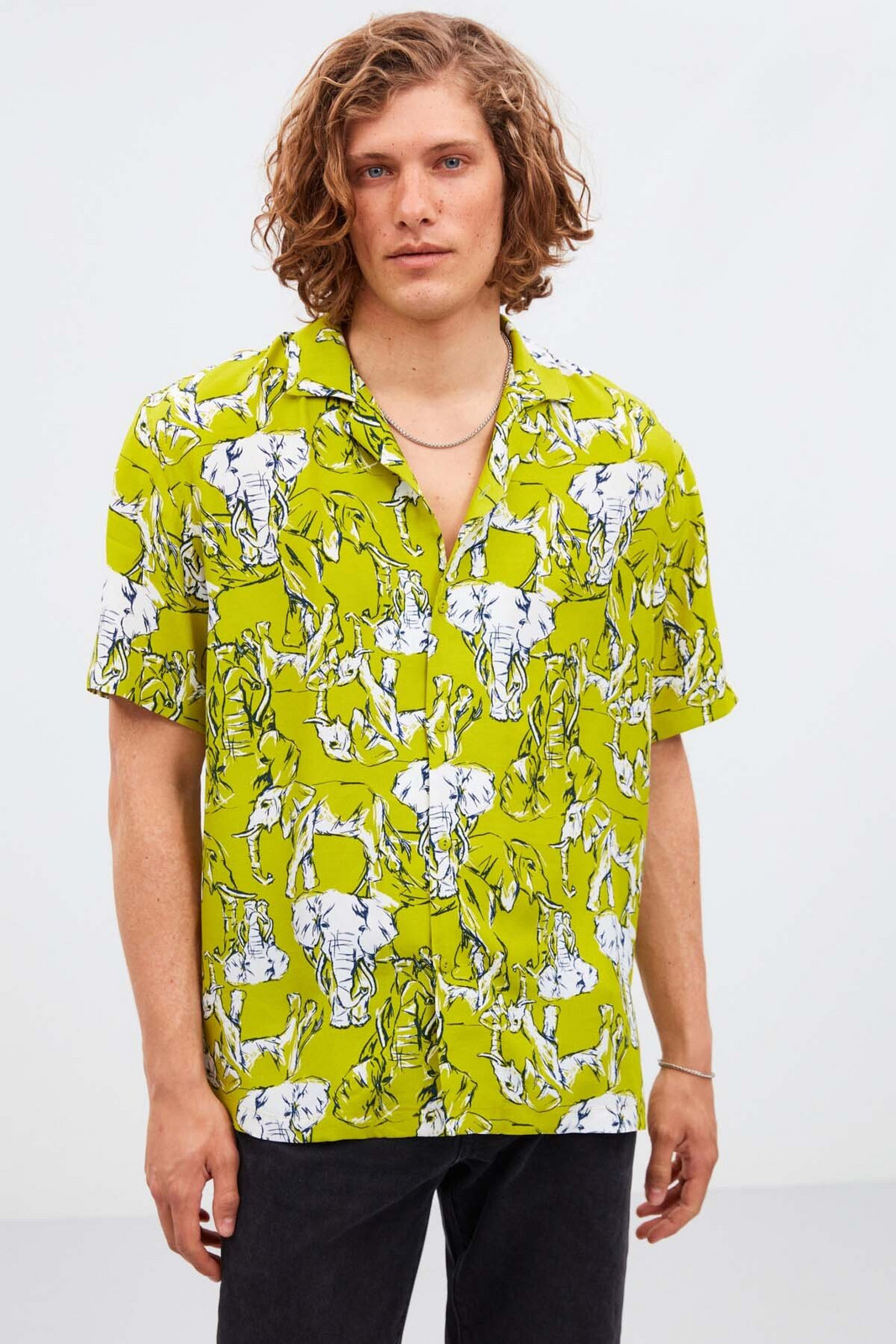 GRIMELANGE Evora Men's Tiril Tiril Fabric Loose Woven Wide Fit Summer Green Shirt