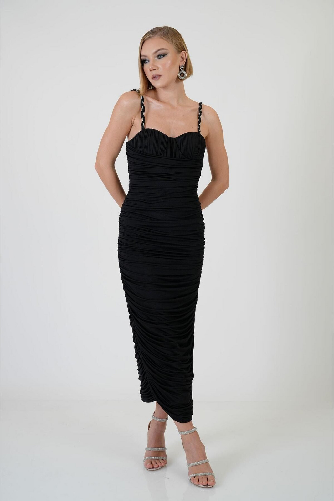 Carmen Black Gathered Strap Venezia Evening Dress