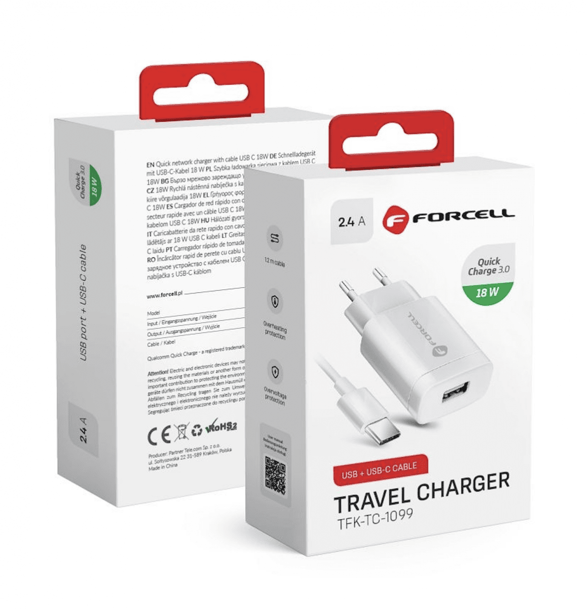 Rychlonabíječka Forcell 18W včetně datového kabelu USB-C 18W bílá 123986