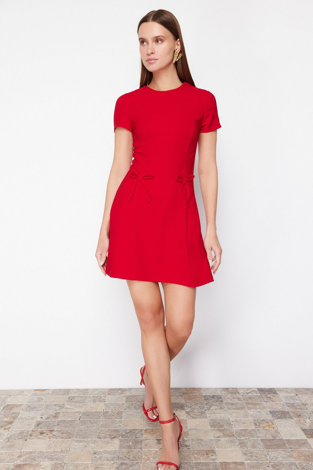 Trendyol Red Skirt Waist Opening Bow Detail Mini Woven Dress