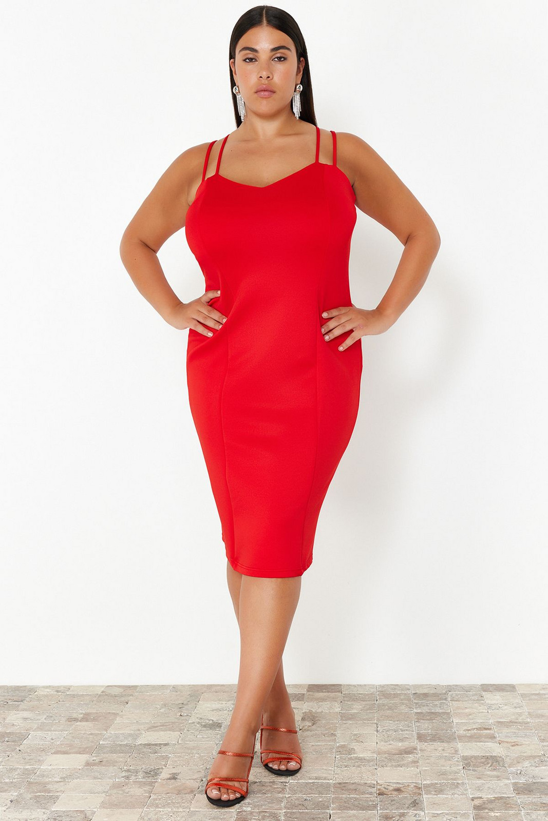 Trendyol Curve Red Heart Collar Strap Knitted Dress