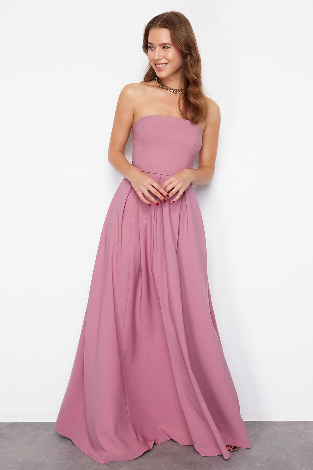 Trendyol Dusty Rose Strapless Woven Long Evening Dress