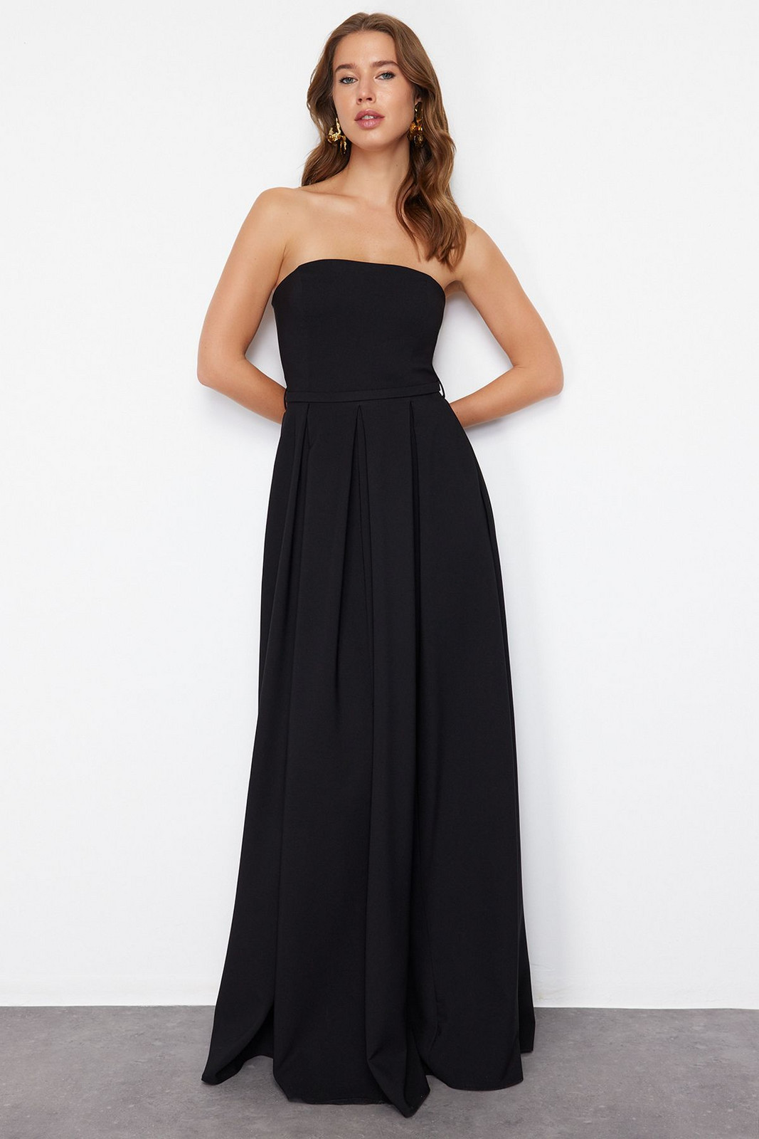 Trendyol Black Strapless Woven Long Evening Dress