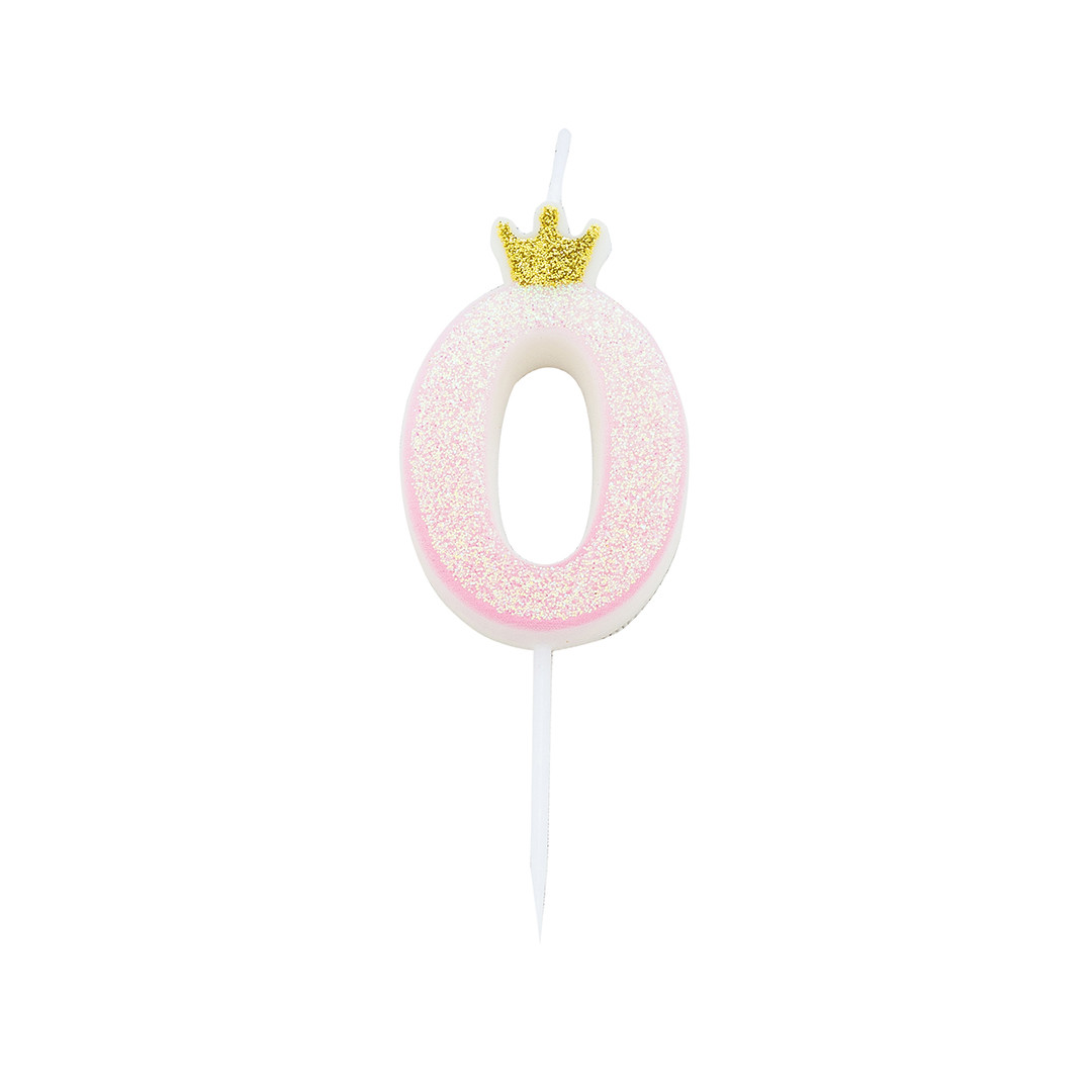 Svíčka číslo 0 růžová s korunkou a glitrem 9,5 cm