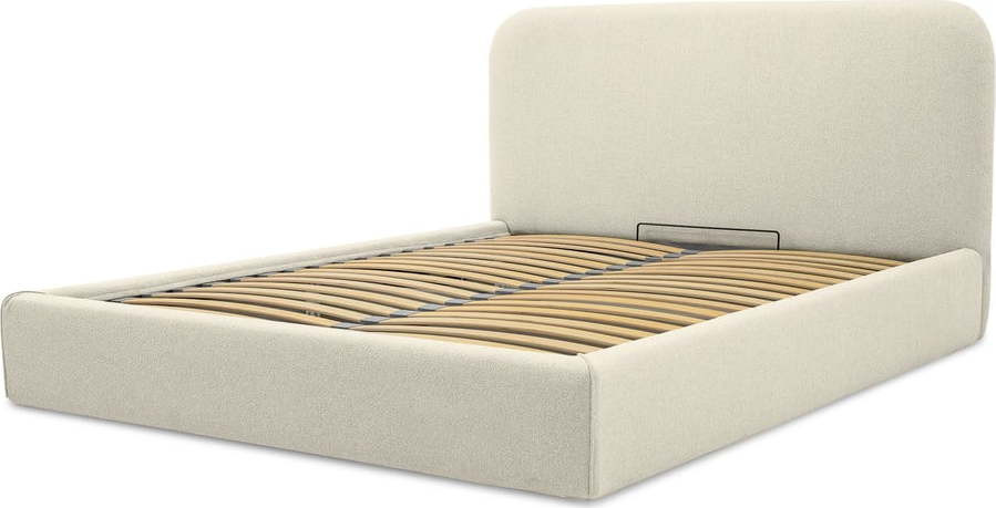 Krémová čalouněná dvoulůžková postel s úložným prostorem a roštem 140x200 cm Sea – Scandic