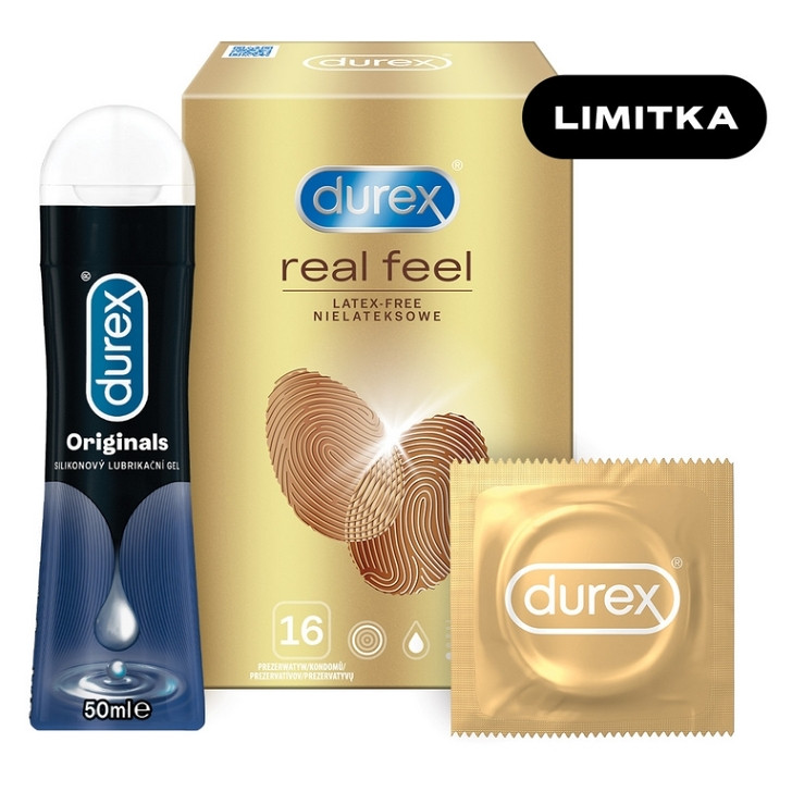 DUREX Real feel 16 kusů + Originals silicone lubrikační gel 50 ml ZDARMA, poškozený obal
