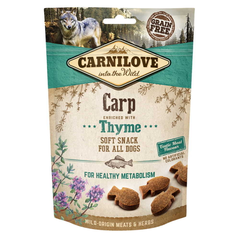 CARNILOVE Dog semi moist snack carp&thyme 200 g, poškozený obal