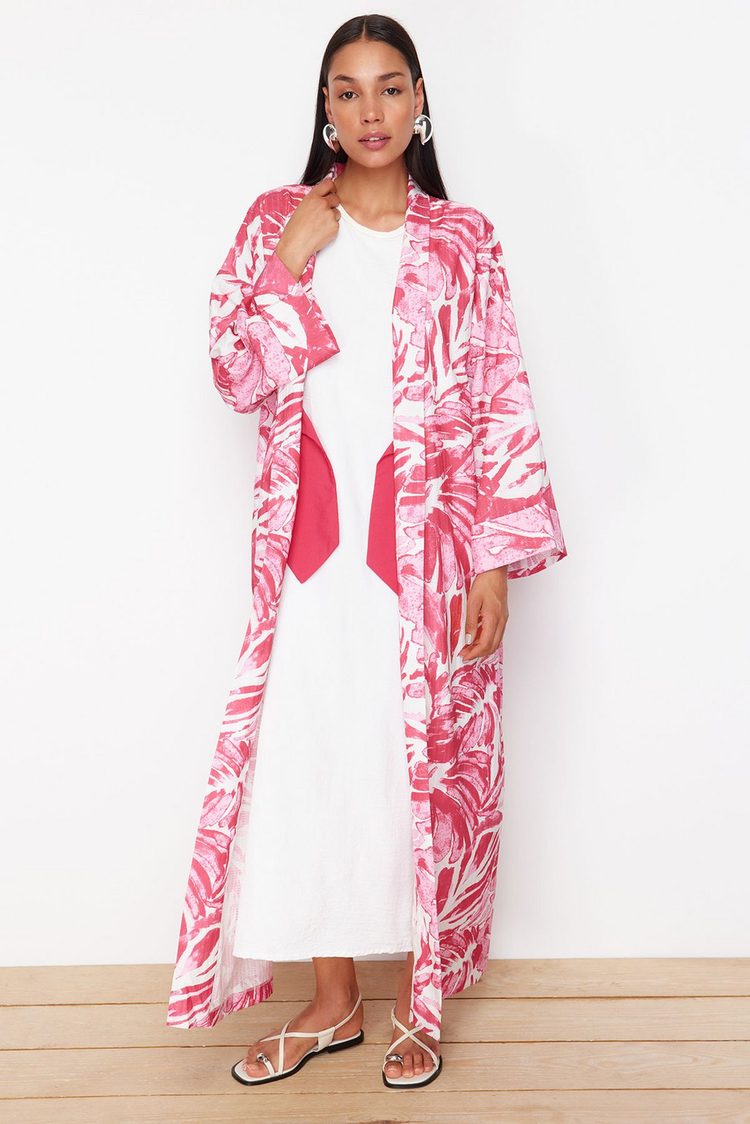 Trendyol Blue Tropical Patterned Long Woven Kimono & Kaftan