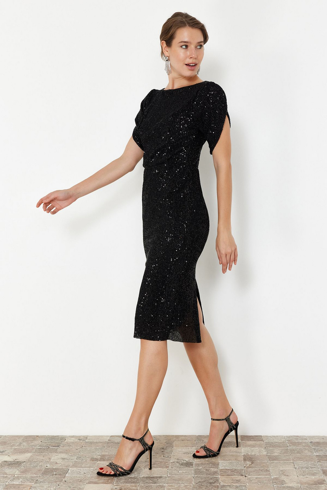 Trendyol Black Fitted Shiny Sequin Elegant Evening Dress