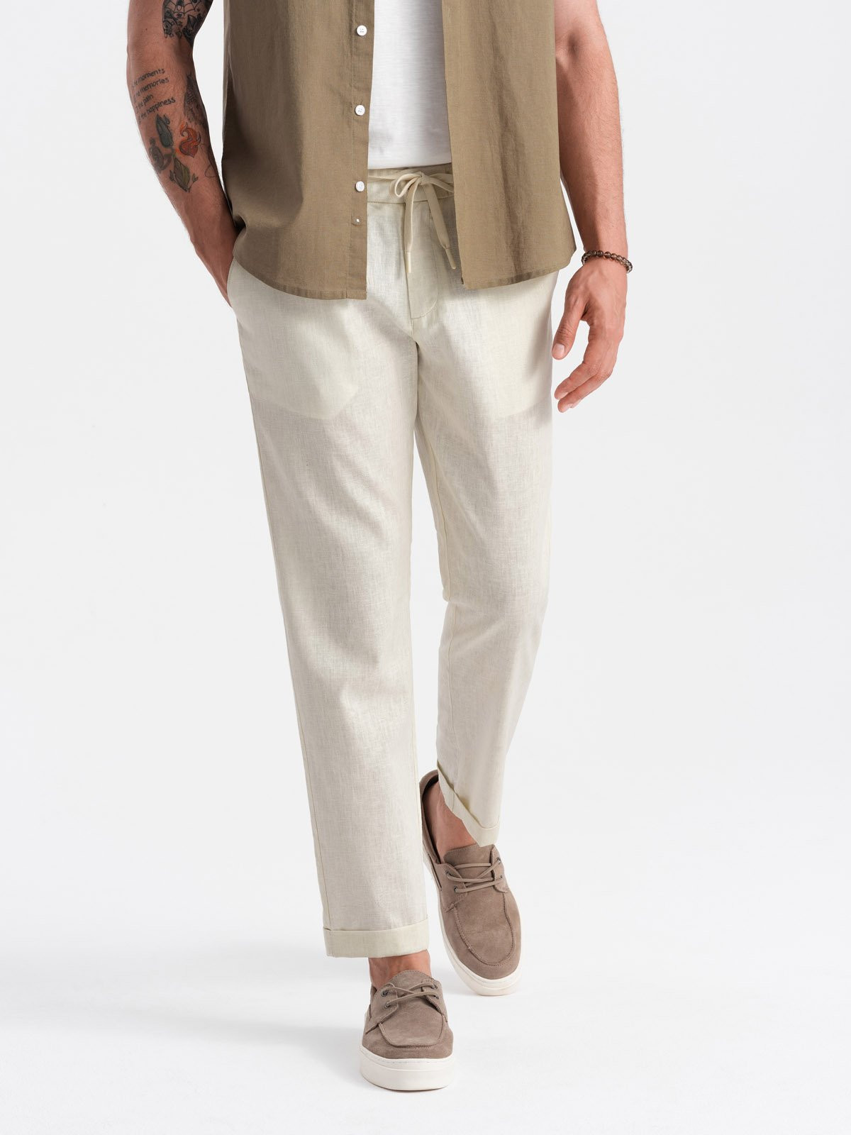 Ombre Men's linen blend roll-up chino pants - cream