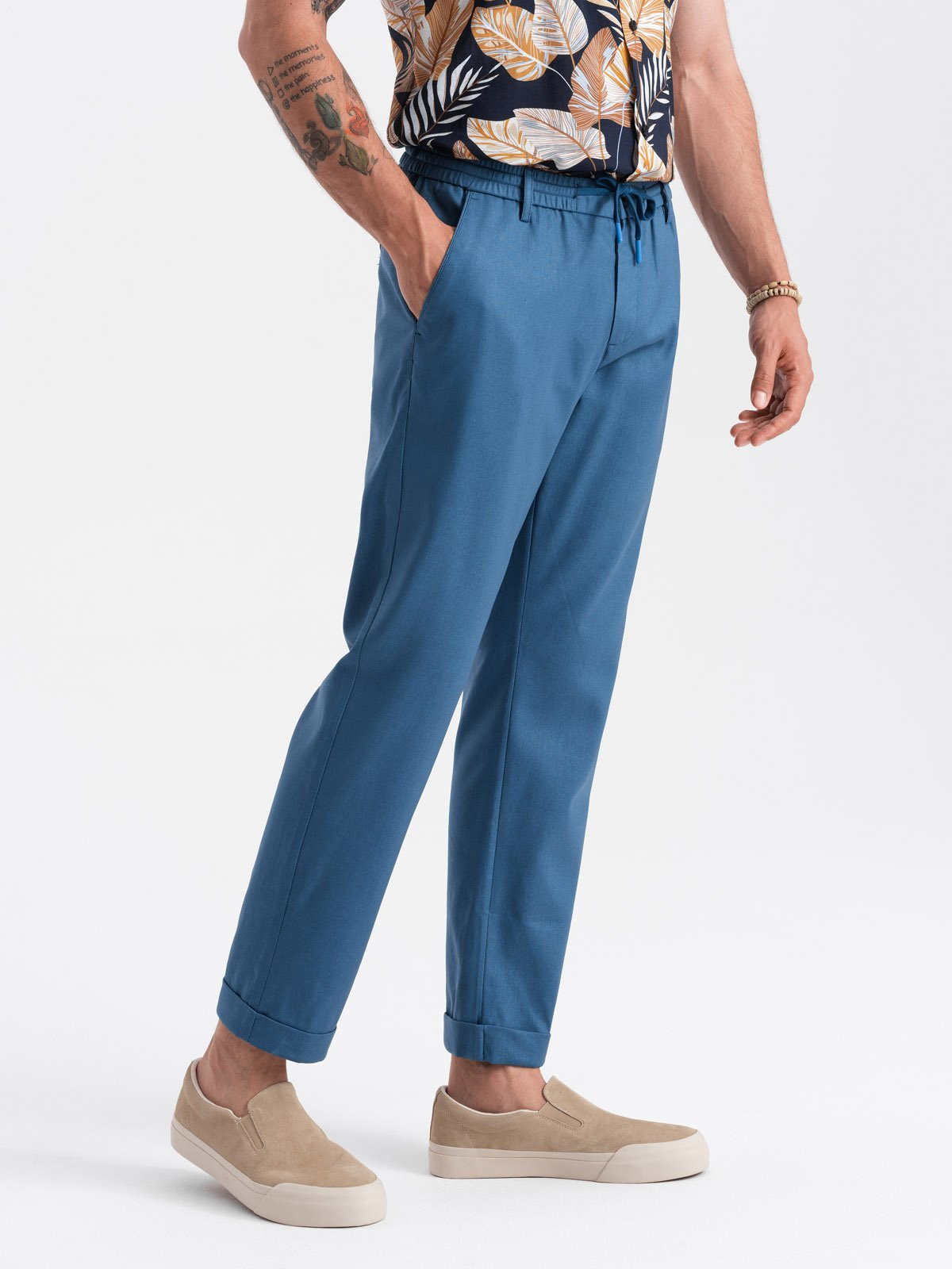 Ombre Men's linen blend chino roll-up pants - blue denim