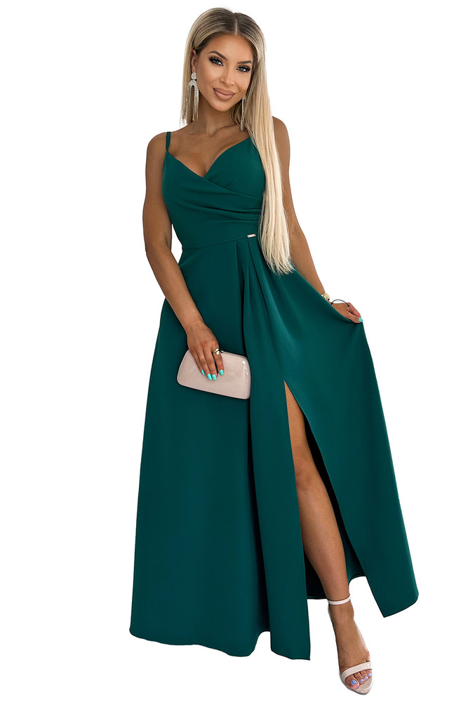 Numoco Elegantní maxi šaty na ramínka CHIARA - zelené Velikost: XL, Zelená