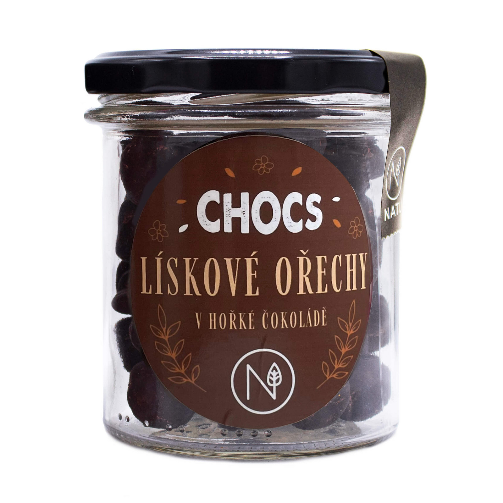 NATU CHOCS Lískové ořechy v 70% hořké čokoládě sklenička 180g
