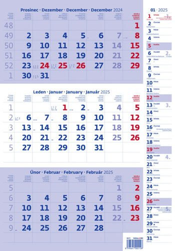 Kalendář nástěnný 2025 - Tříměsíční modrý s poznámkami
