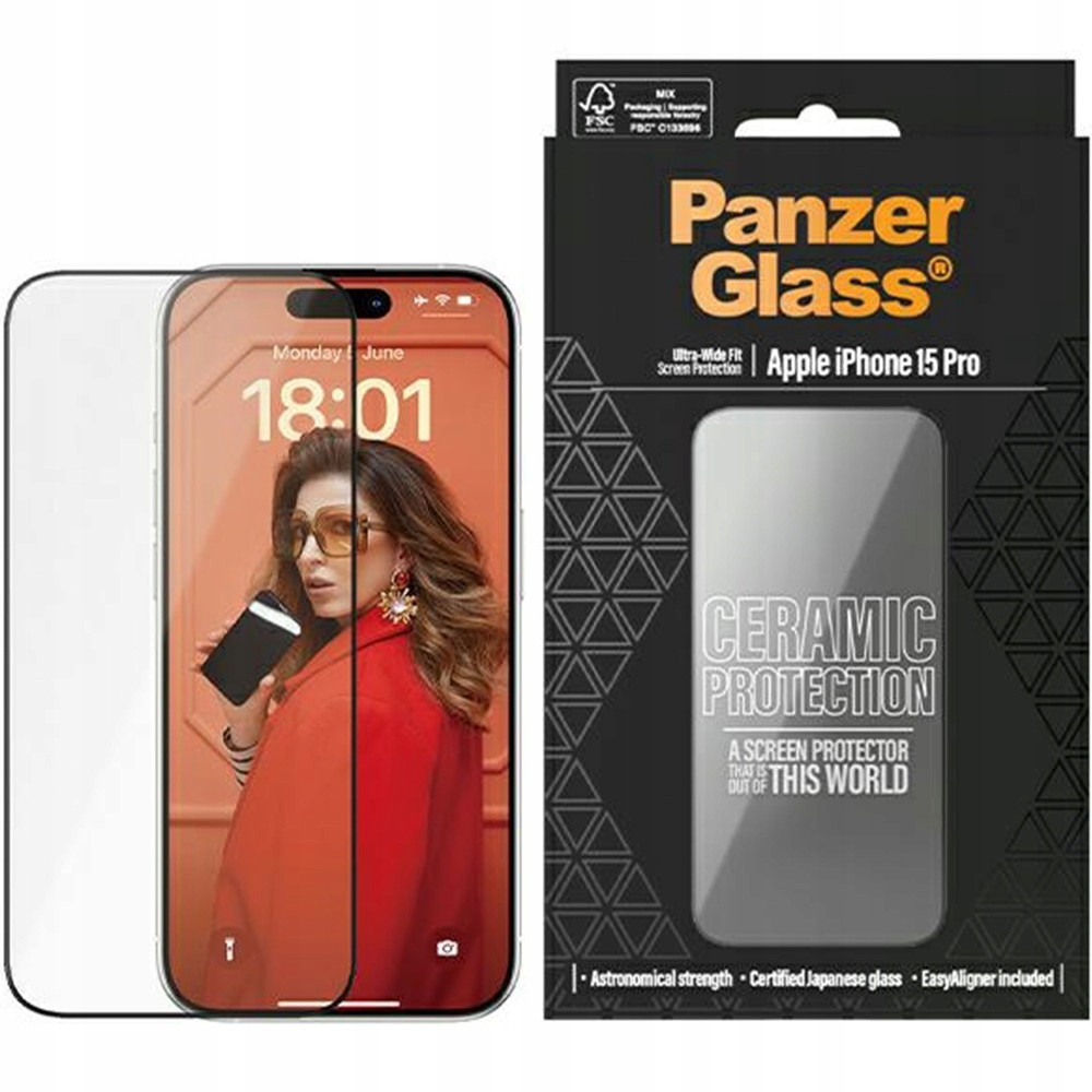 Tvrzené sklo na mobil pro iPhone 15 Pro, PanzerGlass s aplikátorem