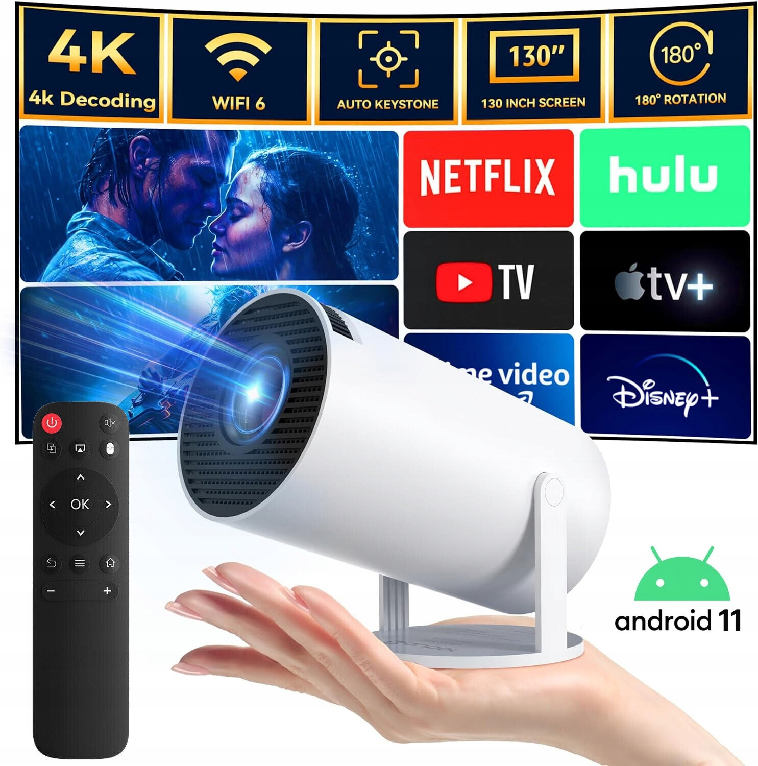 Projektor Projektor 4K Android Tv 11 Wifi6 2.4G/5.8G BT5.0 40-130