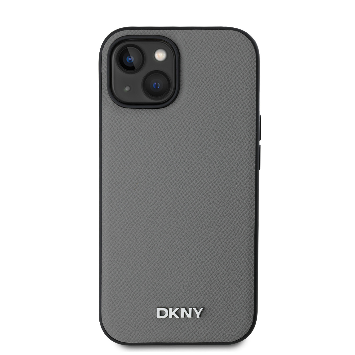 Zadní kryt DKNY PU Leather Silver Metal Logo Magsafe pro Apple iPhone 15, šedá