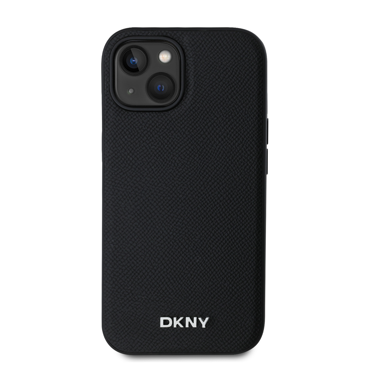 Zadní kryt DKNY PU Leather Silver Metal Logo Magsafe pro Apple iPhone 15, černá