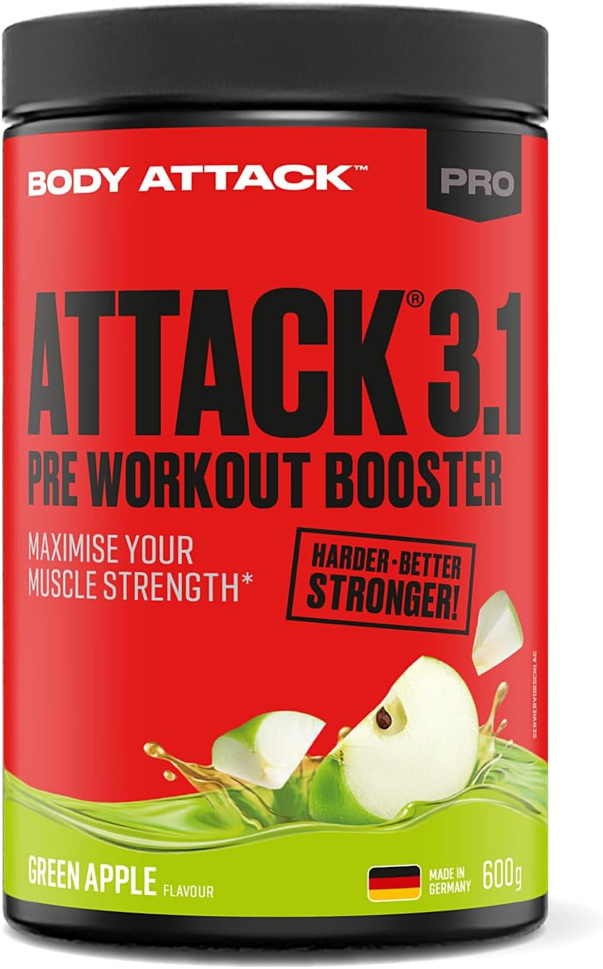 Body Attack 3.1 Pre Workout Booster, sypká předtréninková směs, Zelené jablko