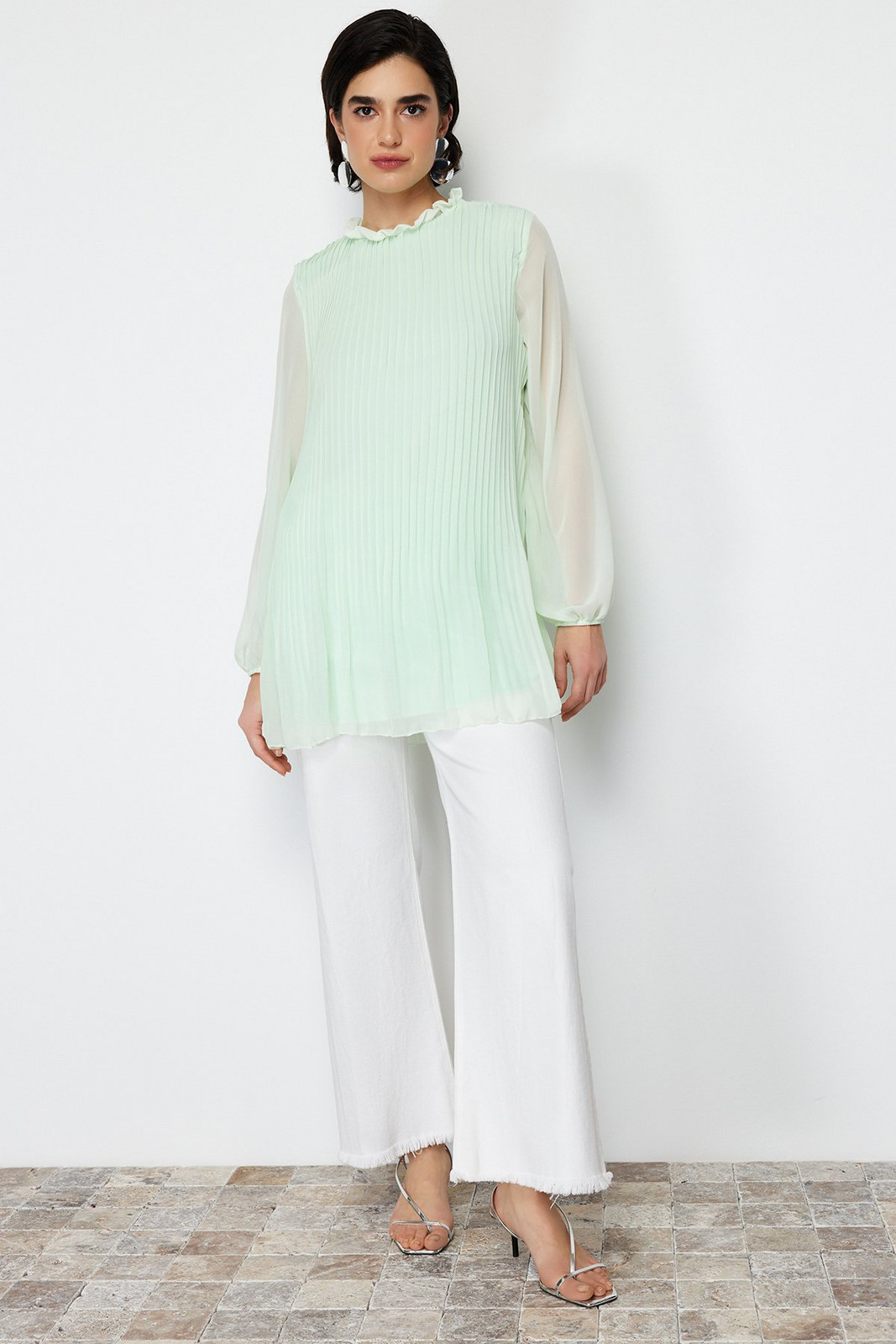 Trendyol Mint Chiffon Pleated Woven Tunic
