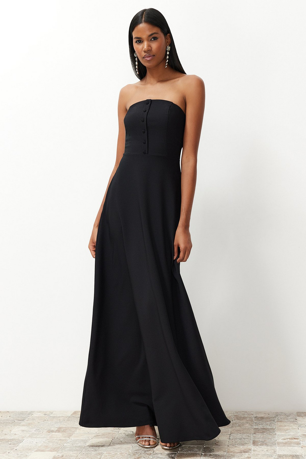 Trendyol Black Buttoned Woven Long Evening Dress