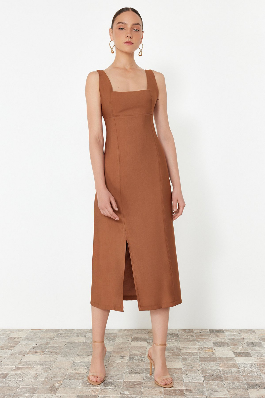Trendyol Brown A-line Square Collar Slit Strap Midi Woven Dress