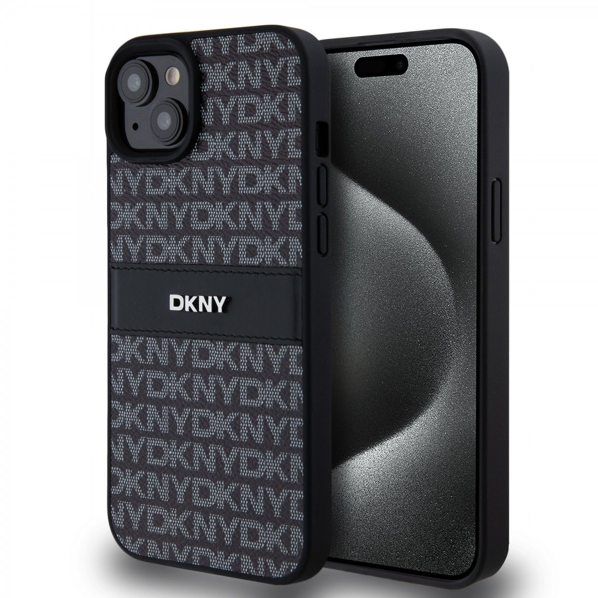 Zadní Kryt DKNY PU Leather Repeat Pattern Tonal Stripe pro iPhone 15 Plus Black