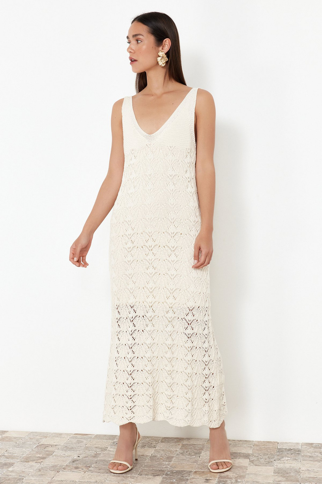 Trendyol Stone Openwork V-Neck Maxi Knitwear Dress