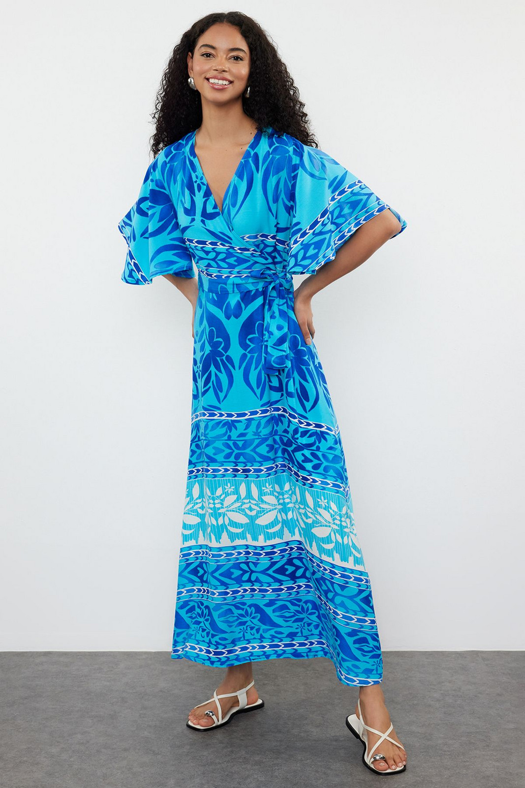 Trendyol Blue Ethnic Belted Patterned A-Line Double Breasted Collar Woven Dress Woven Dress