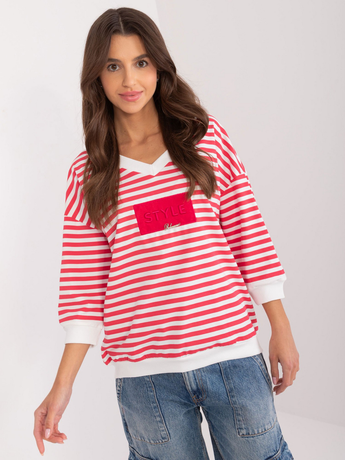 Červenobílá ležérní halenka s 3/4 rukávy