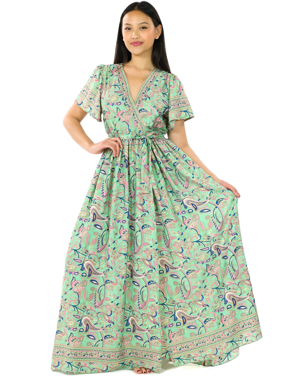 Himalife Dlouhé zavinovací šaty Paisley - limetka s barvami Velikost: S/M