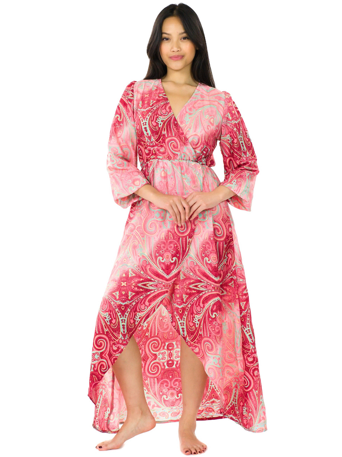 Himalife Šaty s dlouhým rukávem Paisley - růžová s červenou Velikost: S