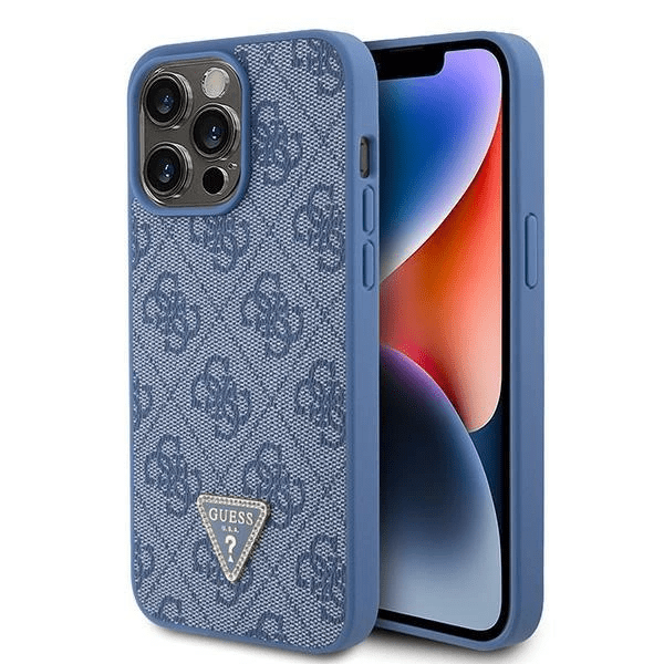 Kožené pouzdro Guess 4G Triangle Strass pro iPhone 15 Pro Max - modré
