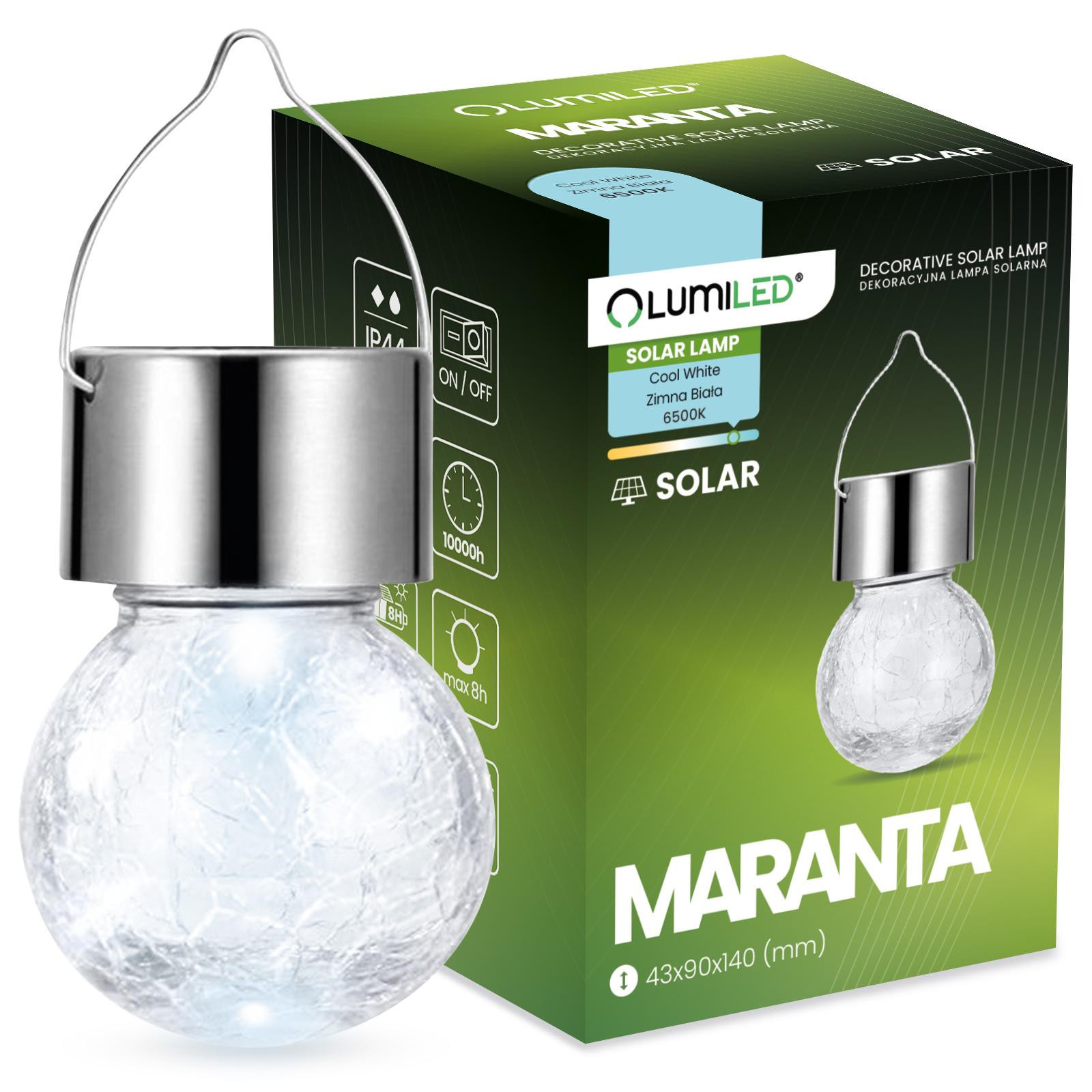 Svítidlo solární LED Koule zahradní Závěsné skleněné MARANTA IP44 6500K LUMILED