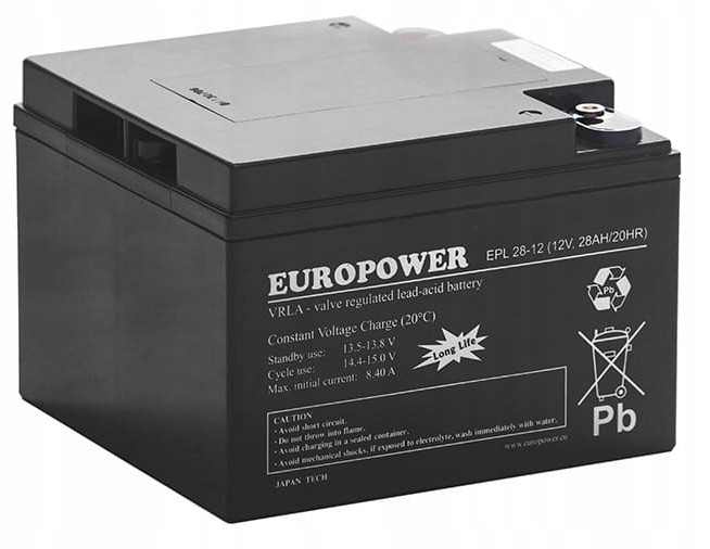 Baterie Agm Vrla Europower Epl 12V 28Ah EPL28 EPL28-12 Napájecí Adaptér