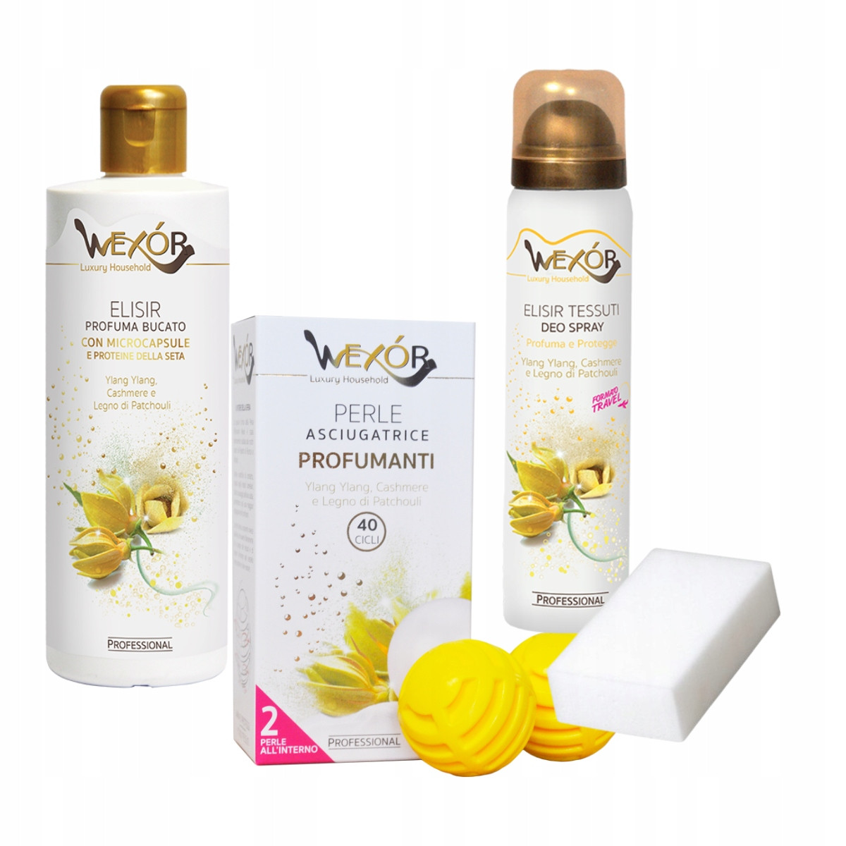Wexor Set Yellow Cashmere: parfém, koule do sušičky, osvěžovač houbička