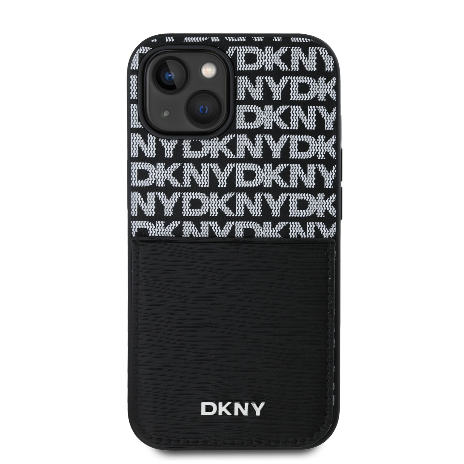 Zadní kryt DKNY PU Leather Repeat Pattern Card Pocket pro Apple iPhone 15, černá