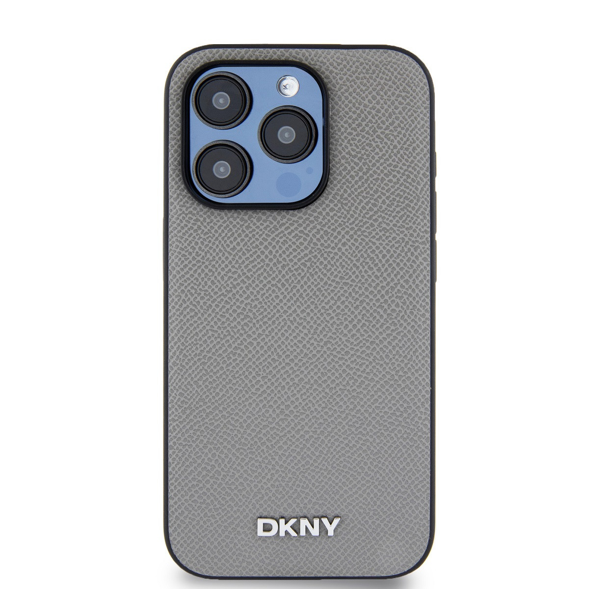 Zadní kryt DKNY PU Leather Silver Metal Logo Magsafe pro Apple iPhone 14 Pro, šedá