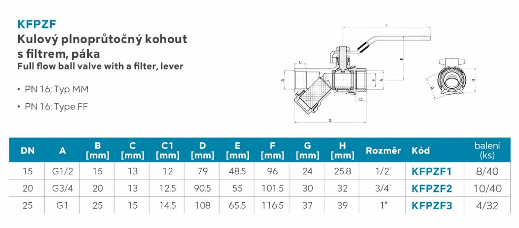 NOVASERVIS Kulový plnoprůtočný kohout s filtrem, páka MM 5/4