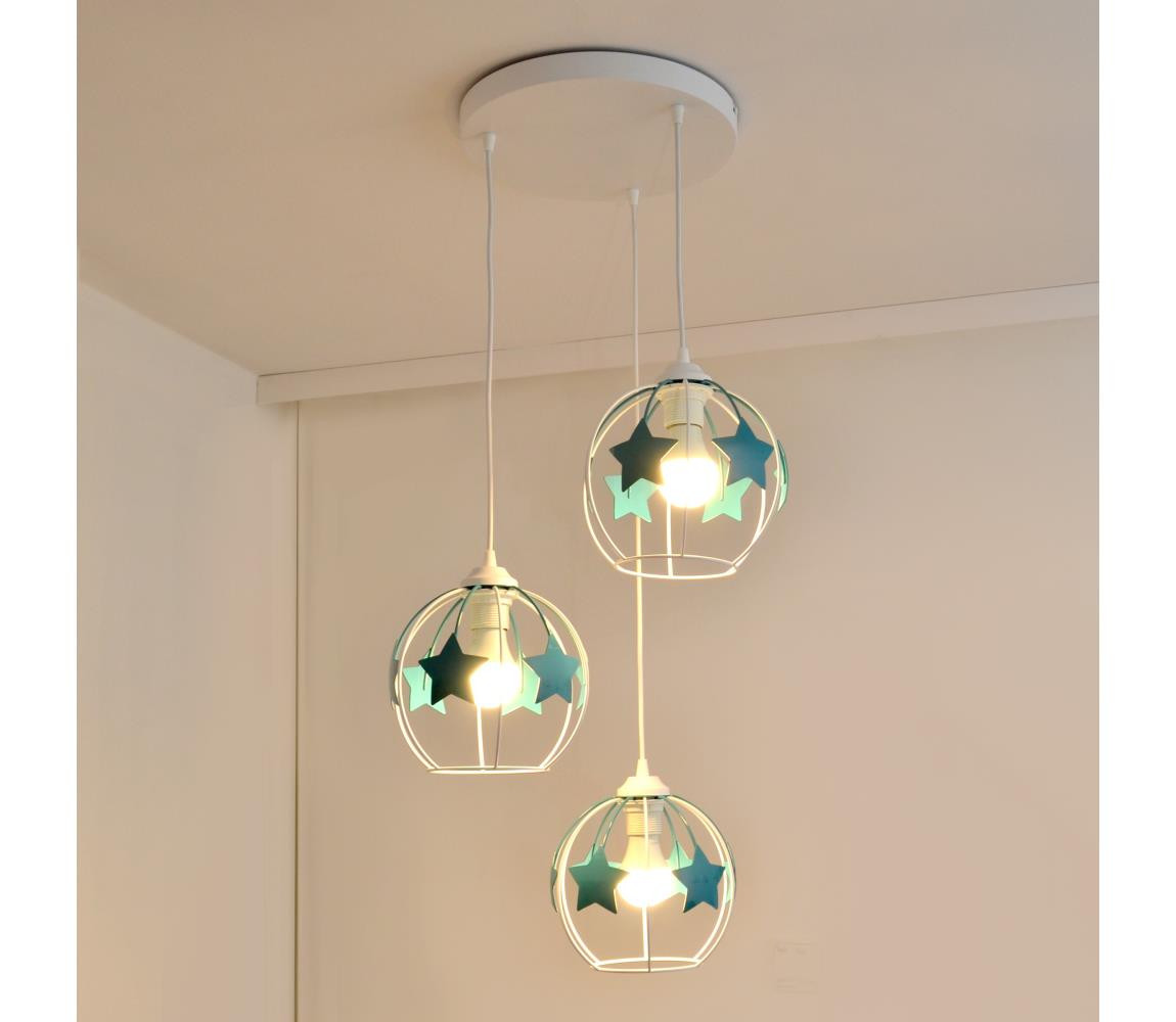 Dětský lustr na lanku STARS 3xE27/15W/230V tyrkysová/bílá
