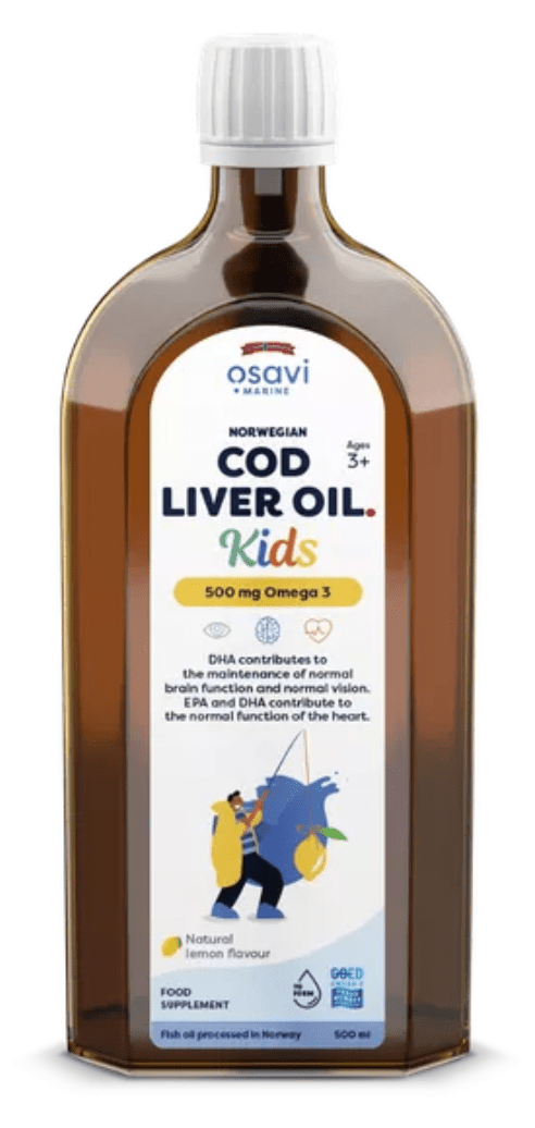 Osavi Norwegian Cod Liver Oil Kids, Omega 3 Norský olej z tresčích jater, pro děti, citrón, 500 mg, 500 ml