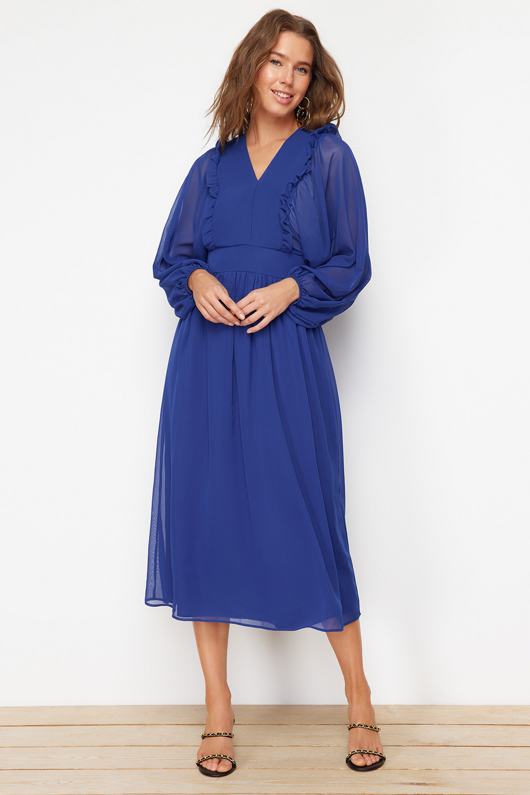 Trendyol Saxe Blue Minimally Patterned Chiffon Lined Woven Dress