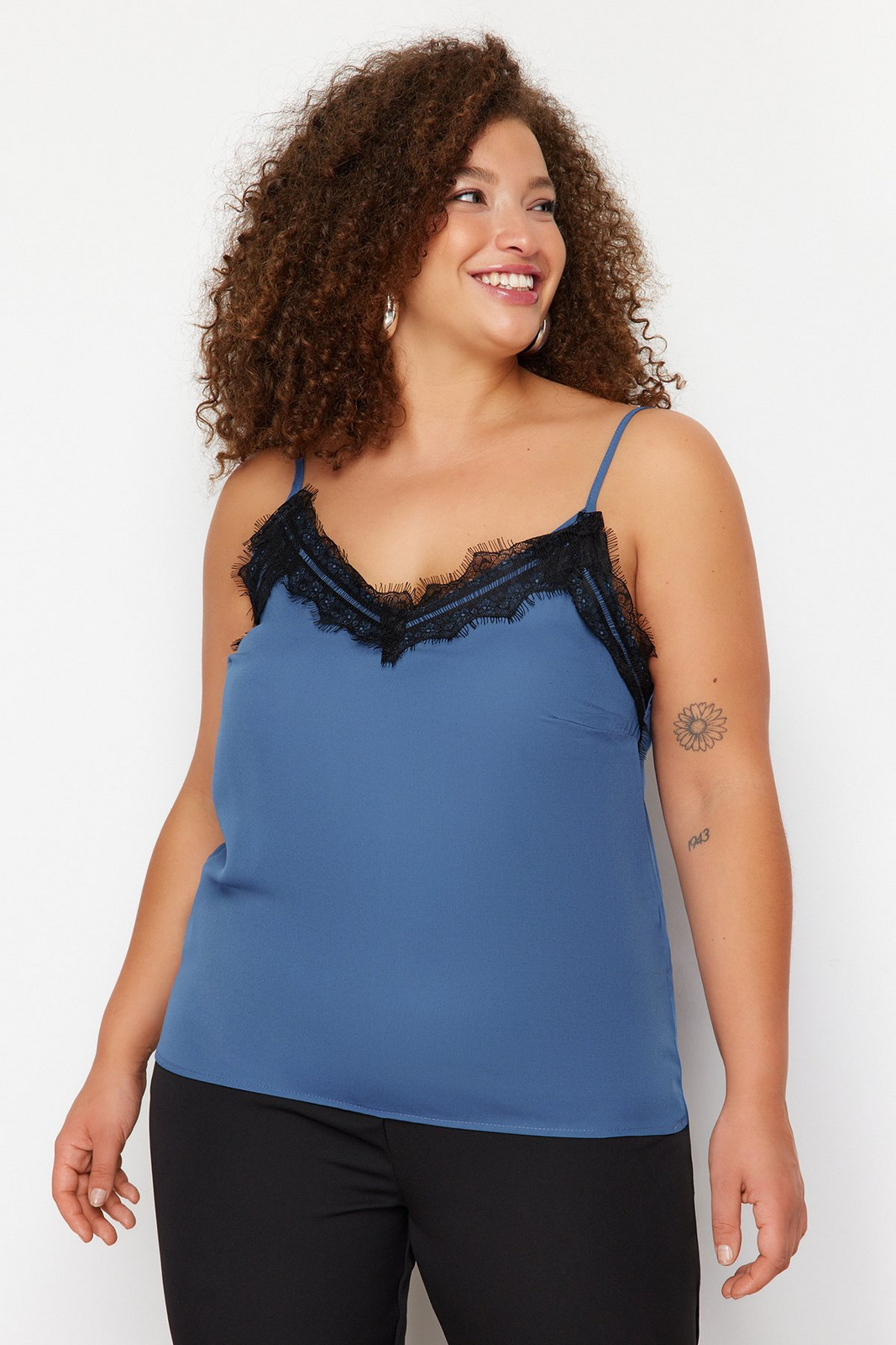 Trendyol Curve Indigo Strappy Lace Woven Plus Size Blouse