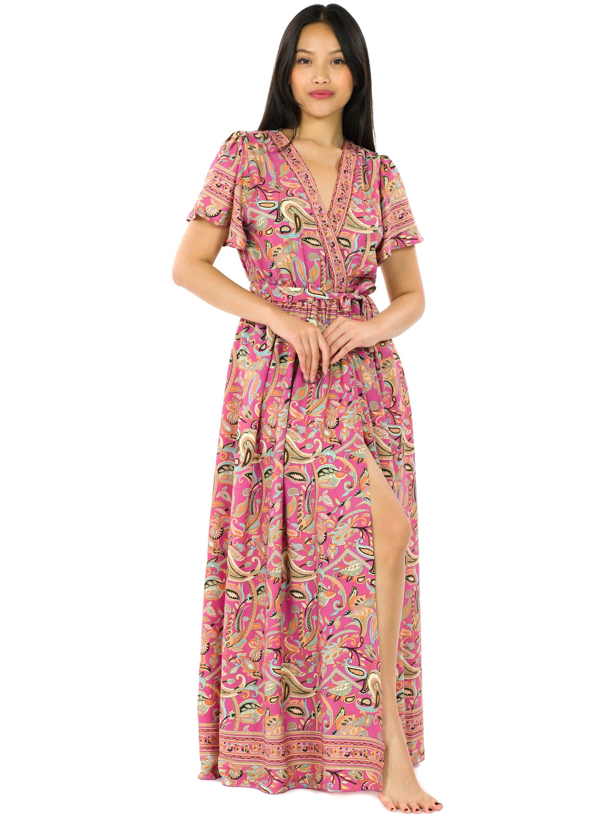Himalife Dlouhé zavinovací šaty Paisley - růžová s tyrkysovou Velikost: S/M