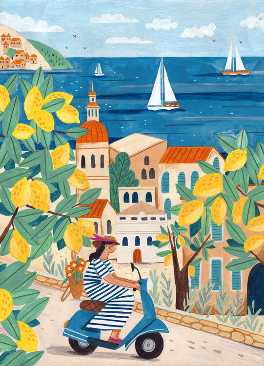 Lorenzo A Roe Ilustrace Travel poster woman on the Amalfi coast, Lorenzo A Roe, 30x40 cm