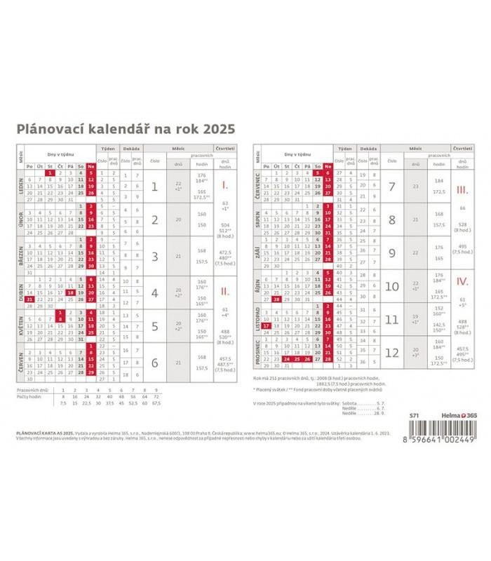 Kalendář stolní 2025 - Plánovací karta