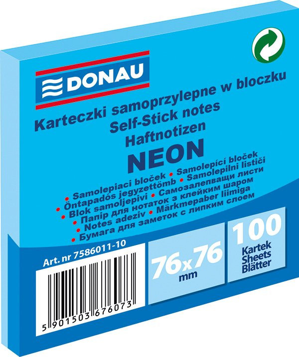 DONAU samolepicí bloček, 76 x 76 mm, 100 listů, neonově modrý - 12ks