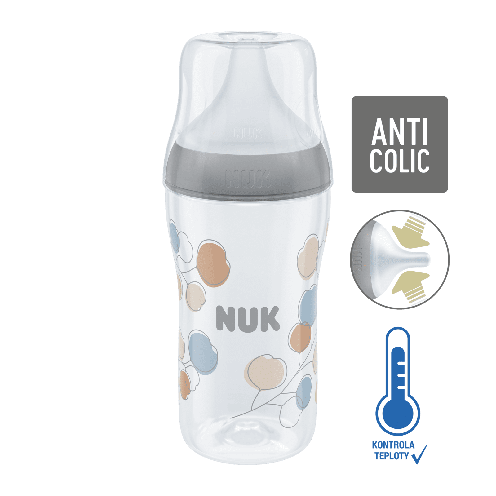 NUK Perfect Match láhev s kontrolou teploty, šedá 260 ml