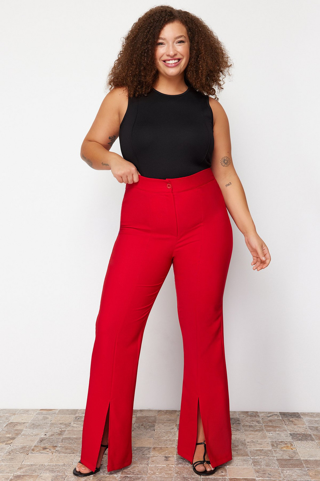 Trendyol Curve Red Large Size Wide Leg Woven Trousers with Slit Detail